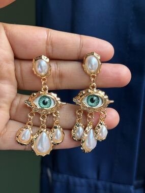 Schiaparelli Inspired Gold Eye Drop Earrings with Green Iris and Pearl Accents